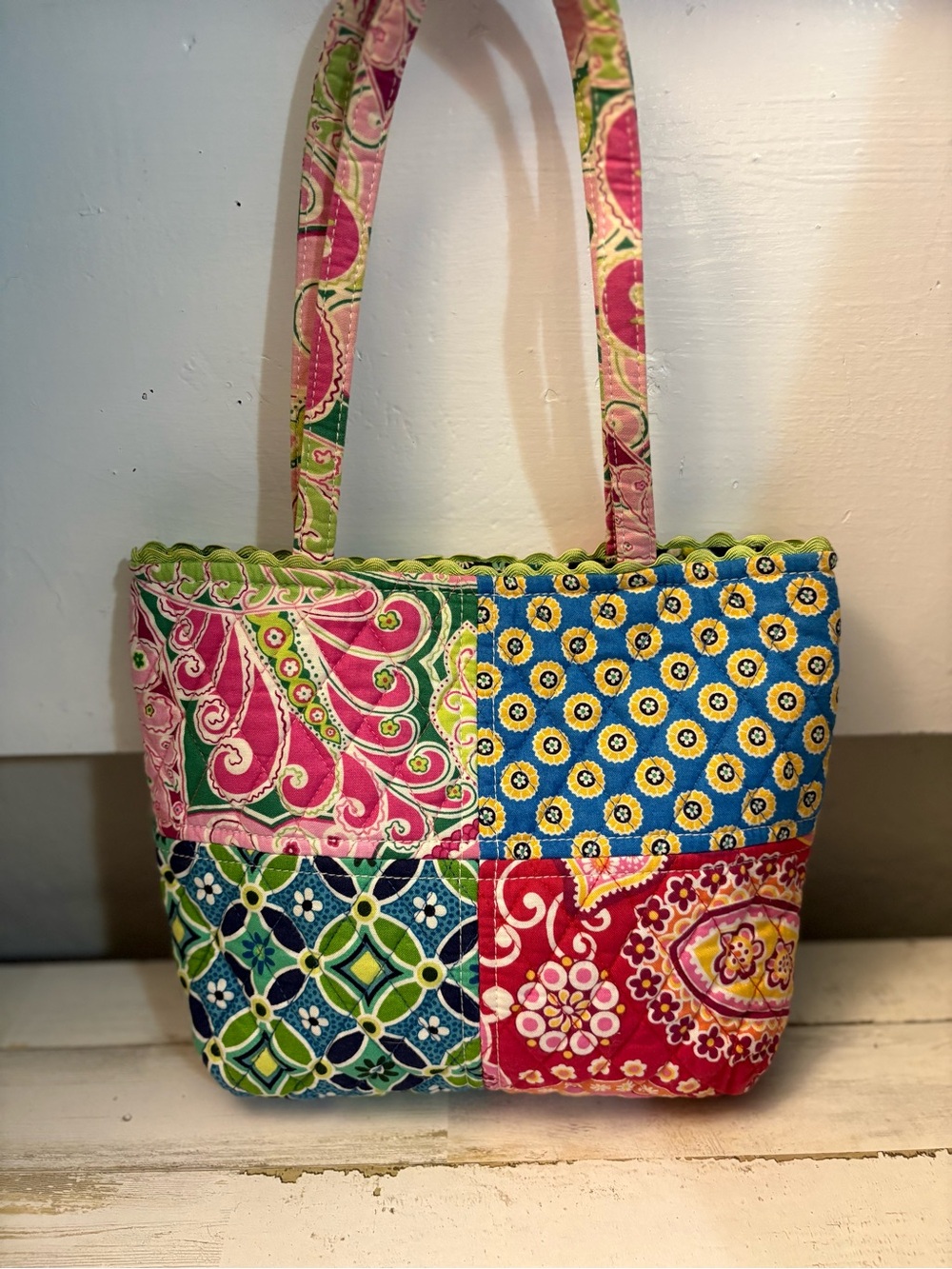 Vera Bradley Patchwork Quilted Tote Bag in Pink, Green & Blue